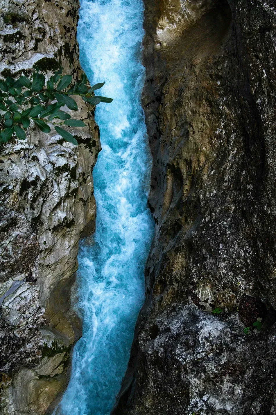 Turquoise water rushing through a narrow rock gorge